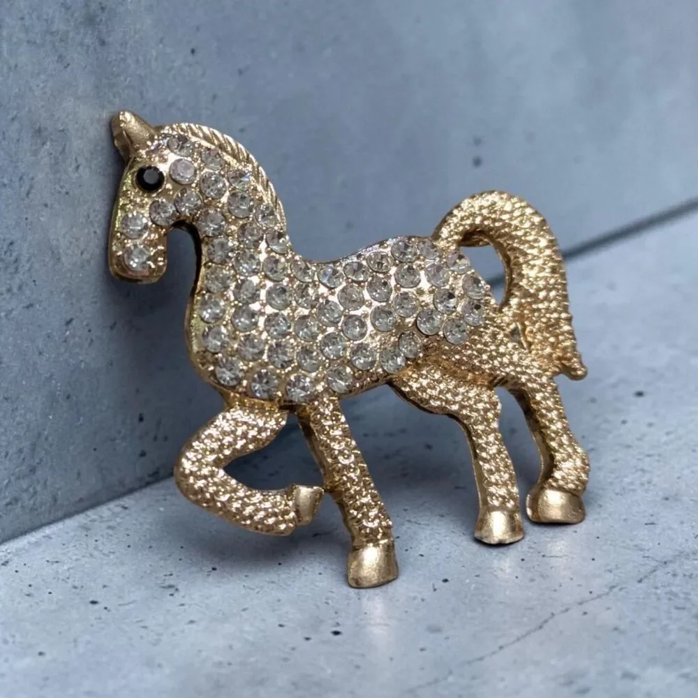 Gold Tone Rhinestone Horse Brooch, Equestrian Pony Pin, Sparkly Horse Jewelry
